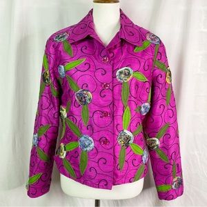 Vintage Fuchsia Pink Silk Blazer Jacket Flower Accents and Embroidery Med